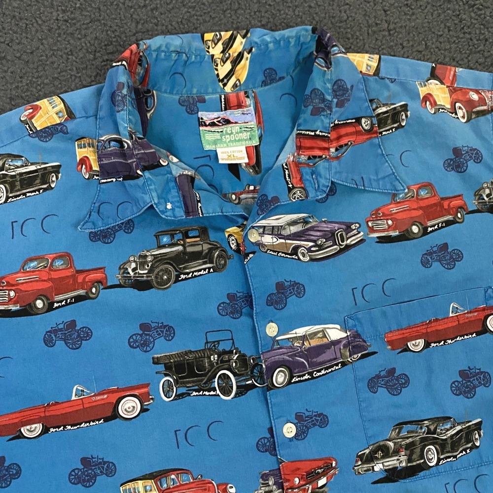 Reyn Spooner Hawaiian Shirt Mens XL Ford Model A F1 Mustang Vintage Car